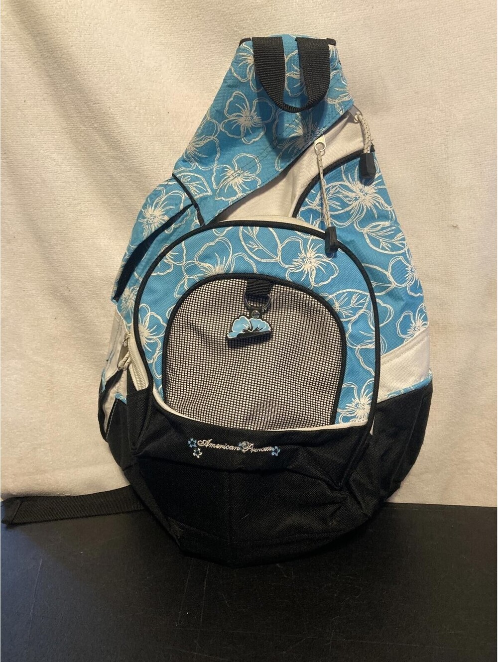American Princess Blue Floral Sling Backpack White Black crossbody Cross Body